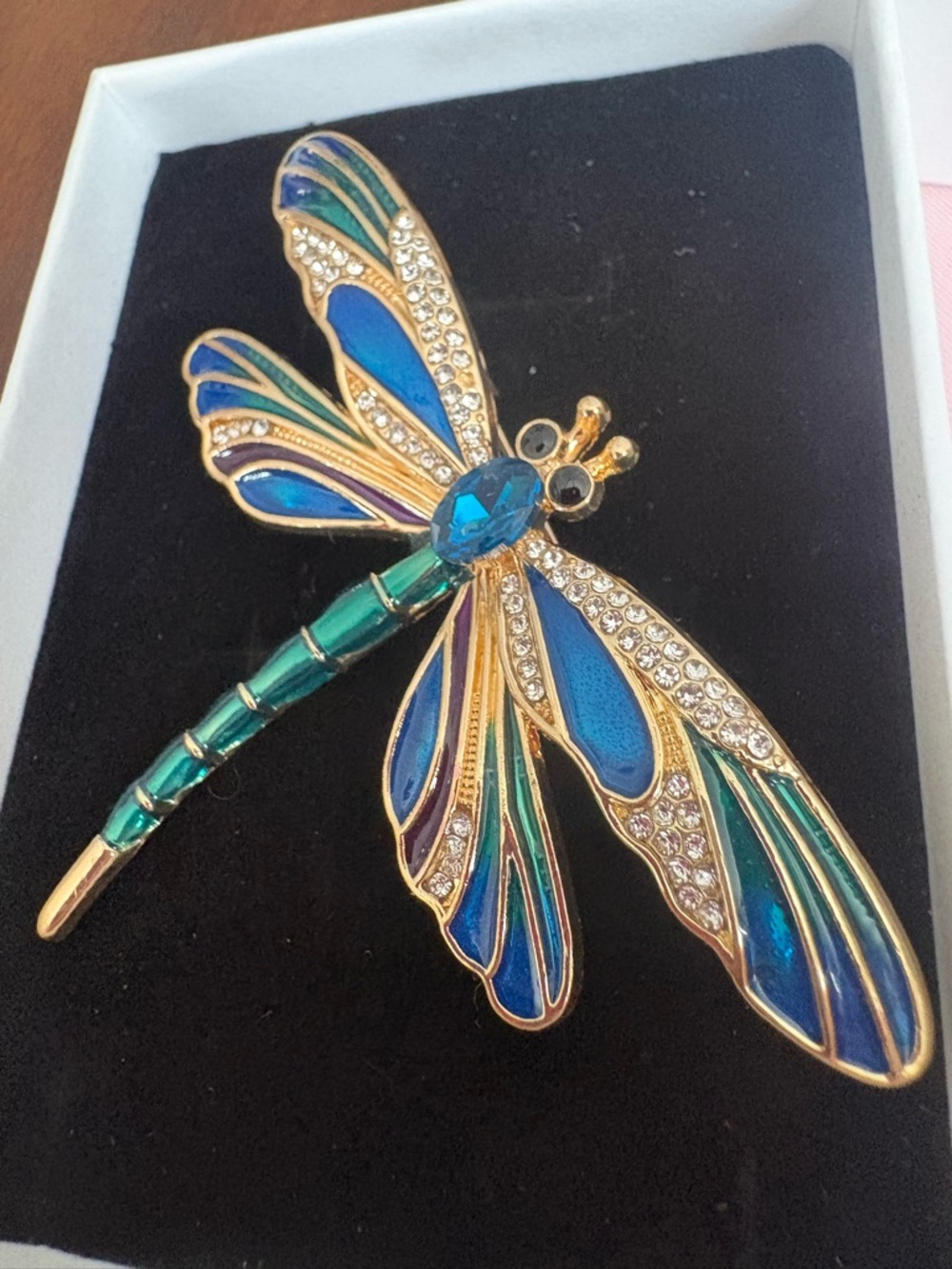 Blue & Green Dragonfly Brooch with Rhinestones